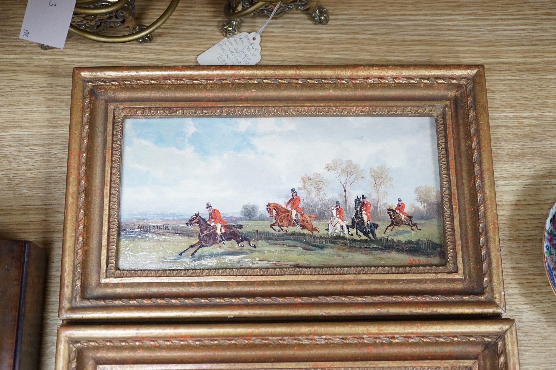 Robert Stone (1820-1870), pair of oils on panel, Hunting scenes, signed, 12 x 25cm